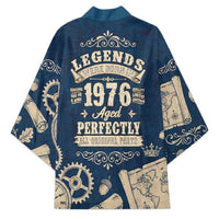 Legend 1976 Vintage Gears and Scrolls Design Kimono with Crown Motif in Classic Blue and Beige Retro