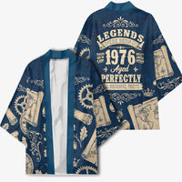 Legend 1976 Vintage Gears and Scrolls Design Kimono with Crown Motif in Classic Blue and Beige Retro