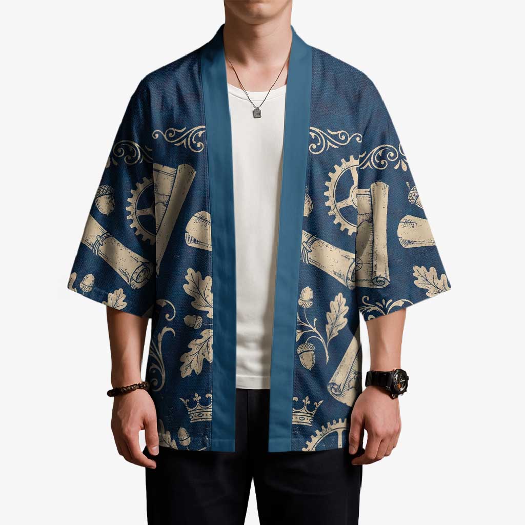 Legend 1976 Vintage Gears and Scrolls Design Kimono with Crown Motif in Classic Blue and Beige Retro