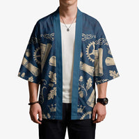 Legend 1976 Vintage Gears and Scrolls Design Kimono with Crown Motif in Classic Blue and Beige Retro