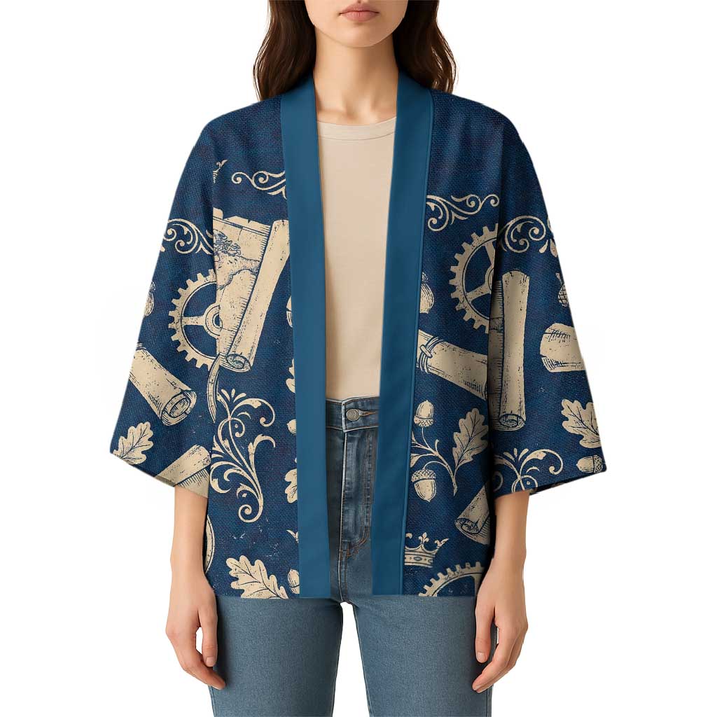 Legend 1976 Vintage Gears and Scrolls Design Kimono with Crown Motif in Classic Blue and Beige Retro