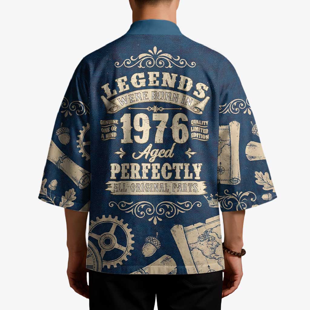 Legend 1976 Vintage Gears and Scrolls Design Kimono with Crown Motif in Classic Blue and Beige Retro