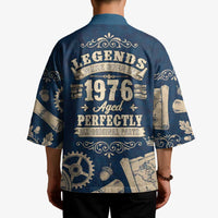 Legend 1976 Vintage Gears and Scrolls Design Kimono with Crown Motif in Classic Blue and Beige Retro