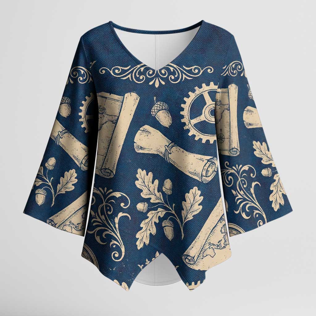 Legend 1976 Vintage Gears and Scrolls Design Kimono Sleeve Blouse with Crown Motif in Classic Blue and Beige Retro