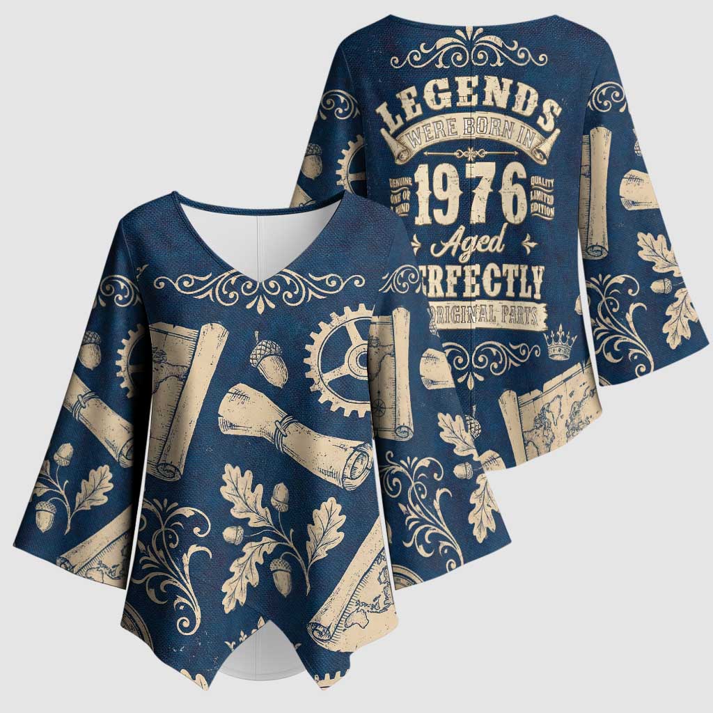 Legend 1976 Vintage Gears and Scrolls Design Kimono Sleeve Blouse with Crown Motif in Classic Blue and Beige Retro