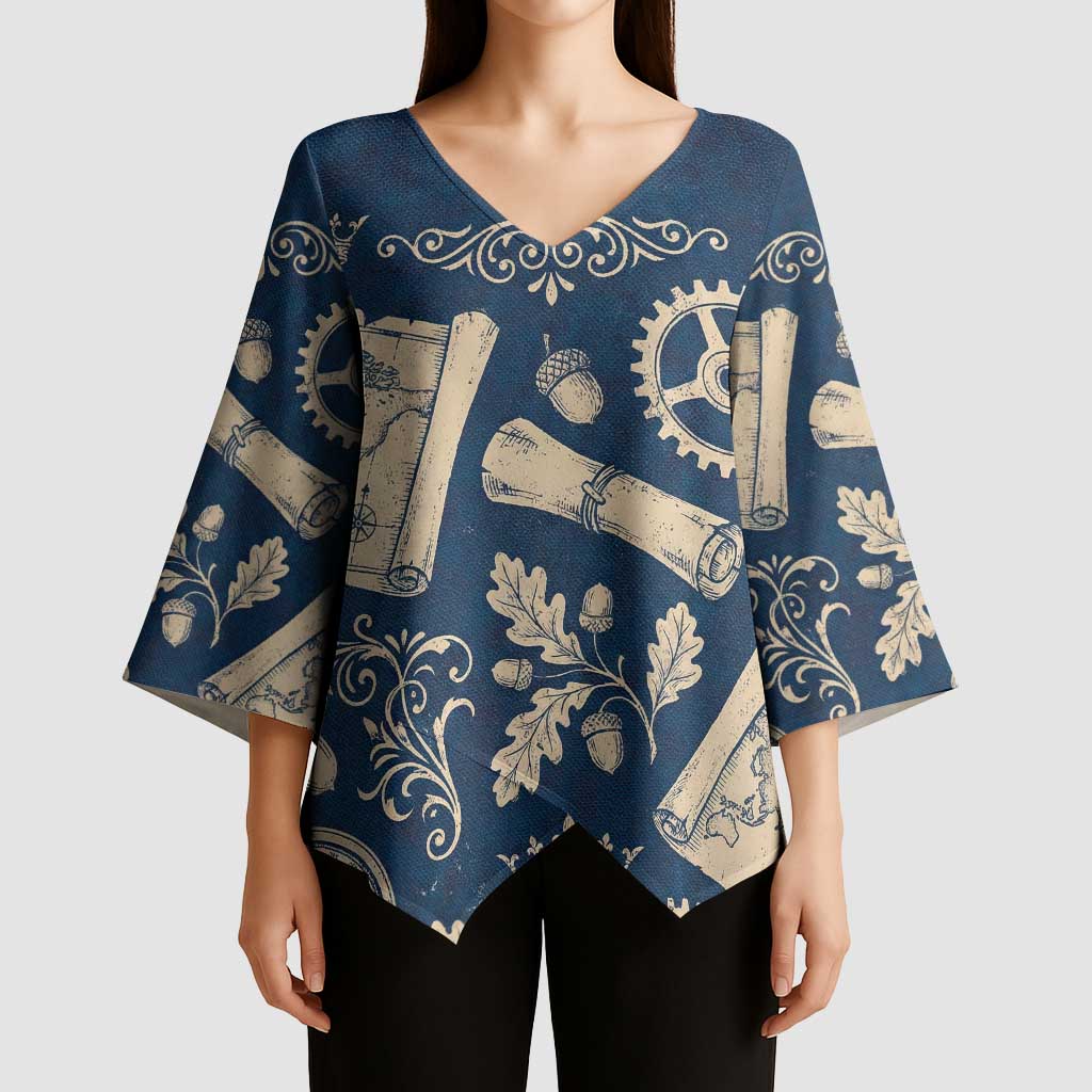 Legend 1976 Vintage Gears and Scrolls Design Kimono Sleeve Blouse with Crown Motif in Classic Blue and Beige Retro