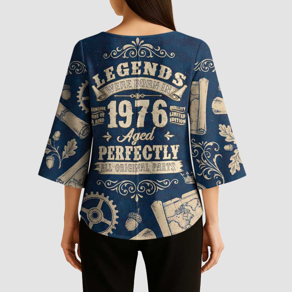 Legend 1976 Vintage Gears and Scrolls Design Kimono Sleeve Blouse with Crown Motif in Classic Blue and Beige Retro