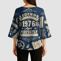 Legend 1976 Vintage Gears and Scrolls Design Kimono Sleeve Blouse with Crown Motif in Classic Blue and Beige Retro