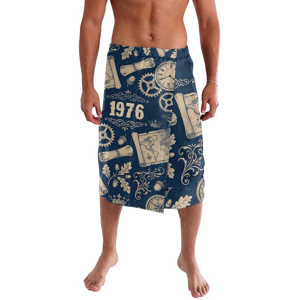 Legend 1976 Vintage Gears and Scrolls Design Lavalava with Crown Motif in Classic Blue and Beige Retro