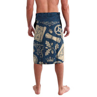 Legend 1976 Vintage Gears and Scrolls Design Lavalava with Crown Motif in Classic Blue and Beige Retro