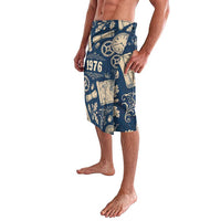 Legend 1976 Vintage Gears and Scrolls Design Lavalava with Crown Motif in Classic Blue and Beige Retro