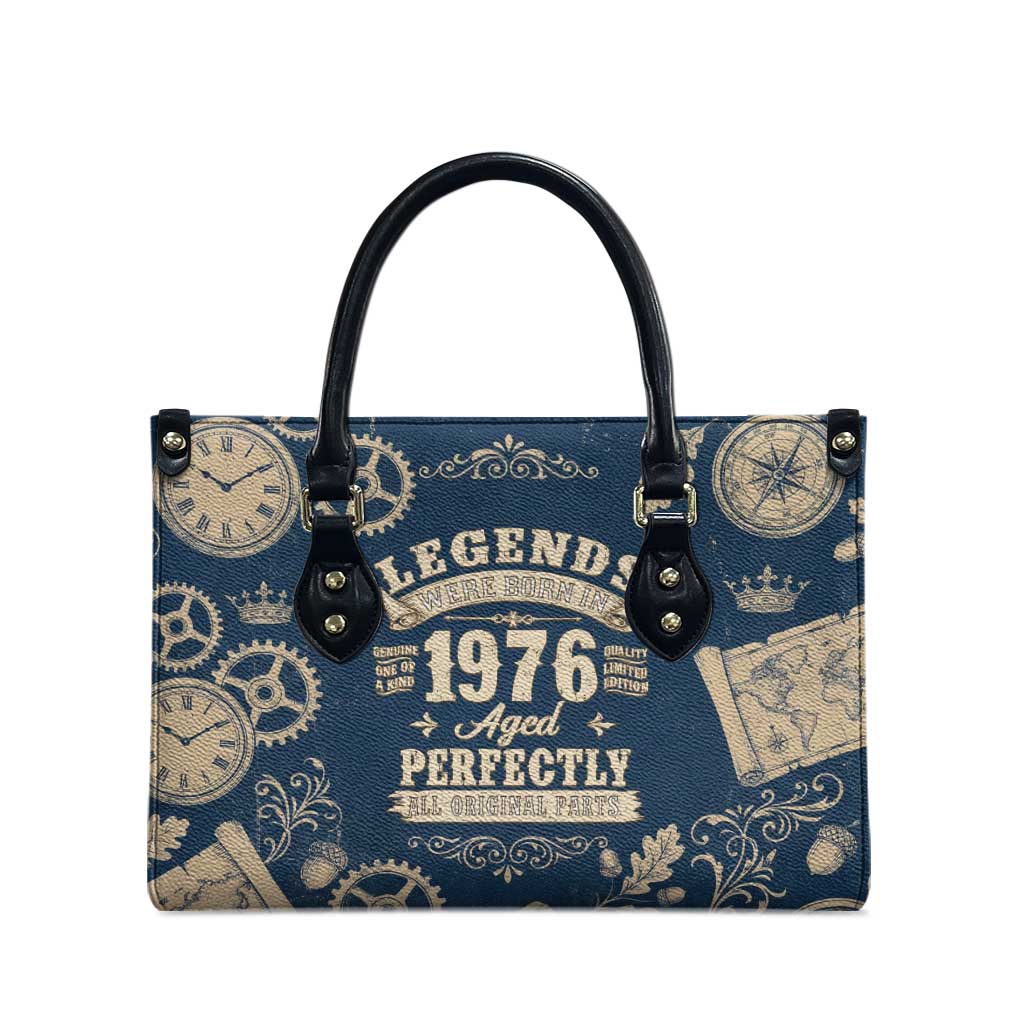 Legend 1976 Vintage Gears and Scrolls Design Leather Bag with Crown Motif in Classic Blue and Beige Retro