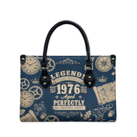 Legend 1976 Vintage Gears and Scrolls Design Leather Bag with Crown Motif in Classic Blue and Beige Retro