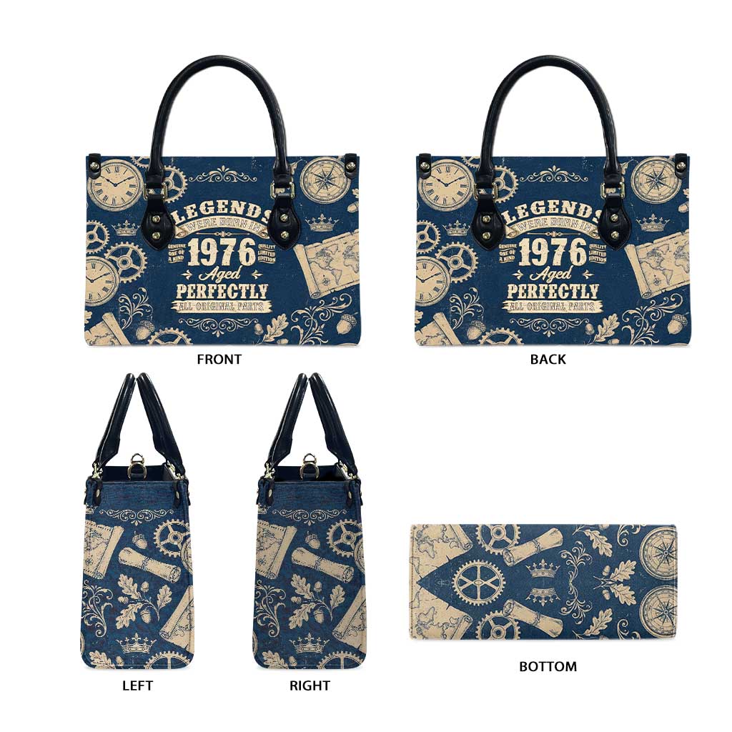 Legend 1976 Vintage Gears and Scrolls Design Leather Bag with Crown Motif in Classic Blue and Beige Retro