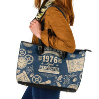 Legend 1976 Vintage Gears and Scrolls Design Leather Tote Bag with Crown Motif in Classic Blue and Beige Retro