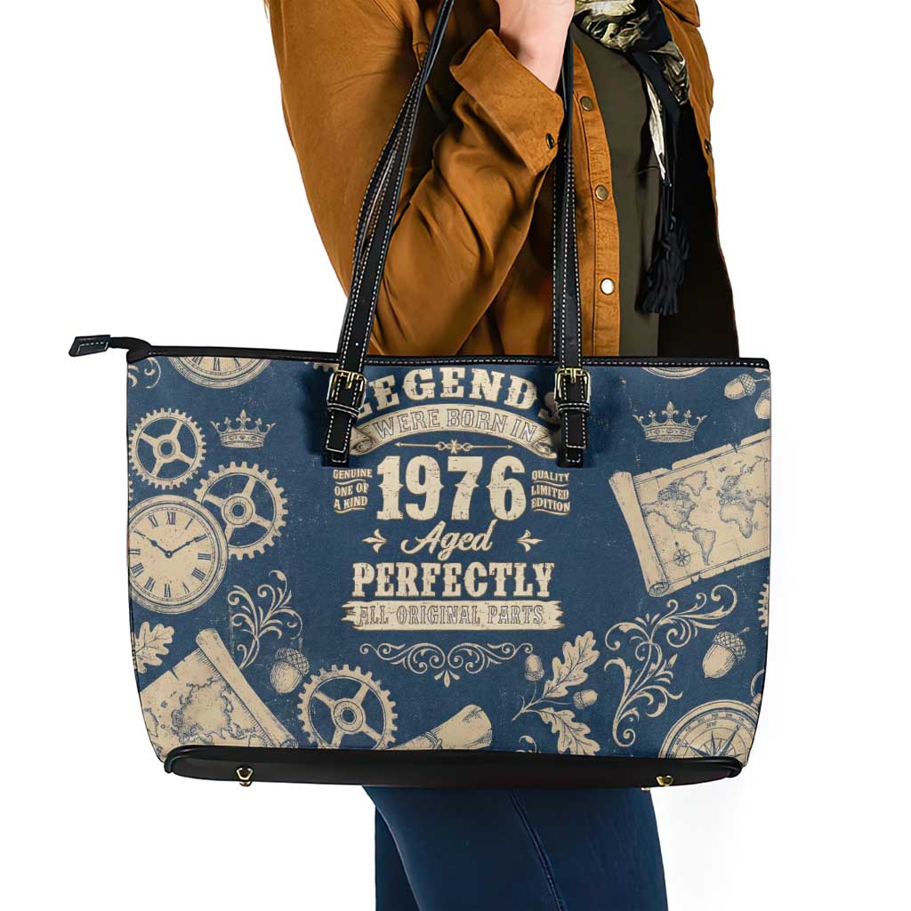 Legend 1976 Vintage Gears and Scrolls Design Leather Tote Bag with Crown Motif in Classic Blue and Beige Retro
