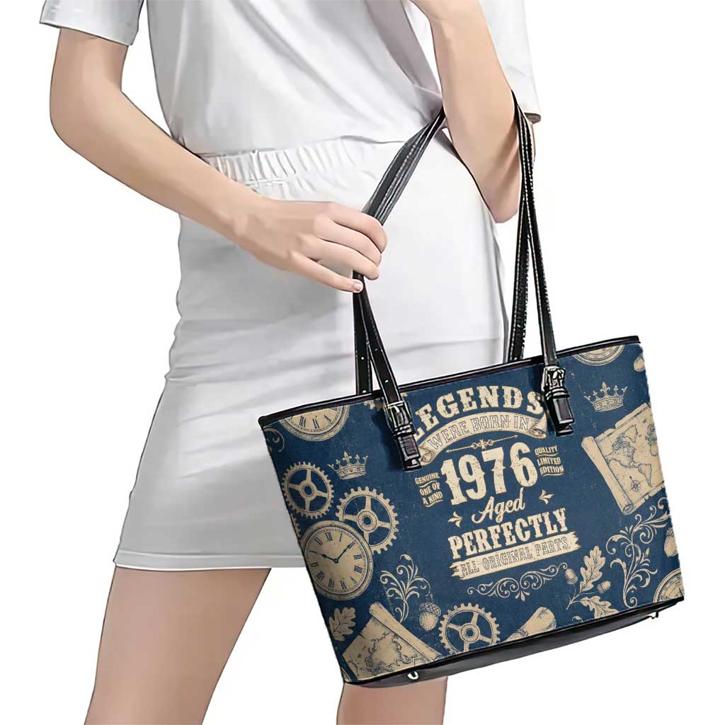 Legend 1976 Vintage Gears and Scrolls Design Leather Tote Bag with Crown Motif in Classic Blue and Beige Retro