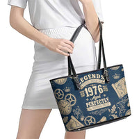 Legend 1976 Vintage Gears and Scrolls Design Leather Tote Bag with Crown Motif in Classic Blue and Beige Retro