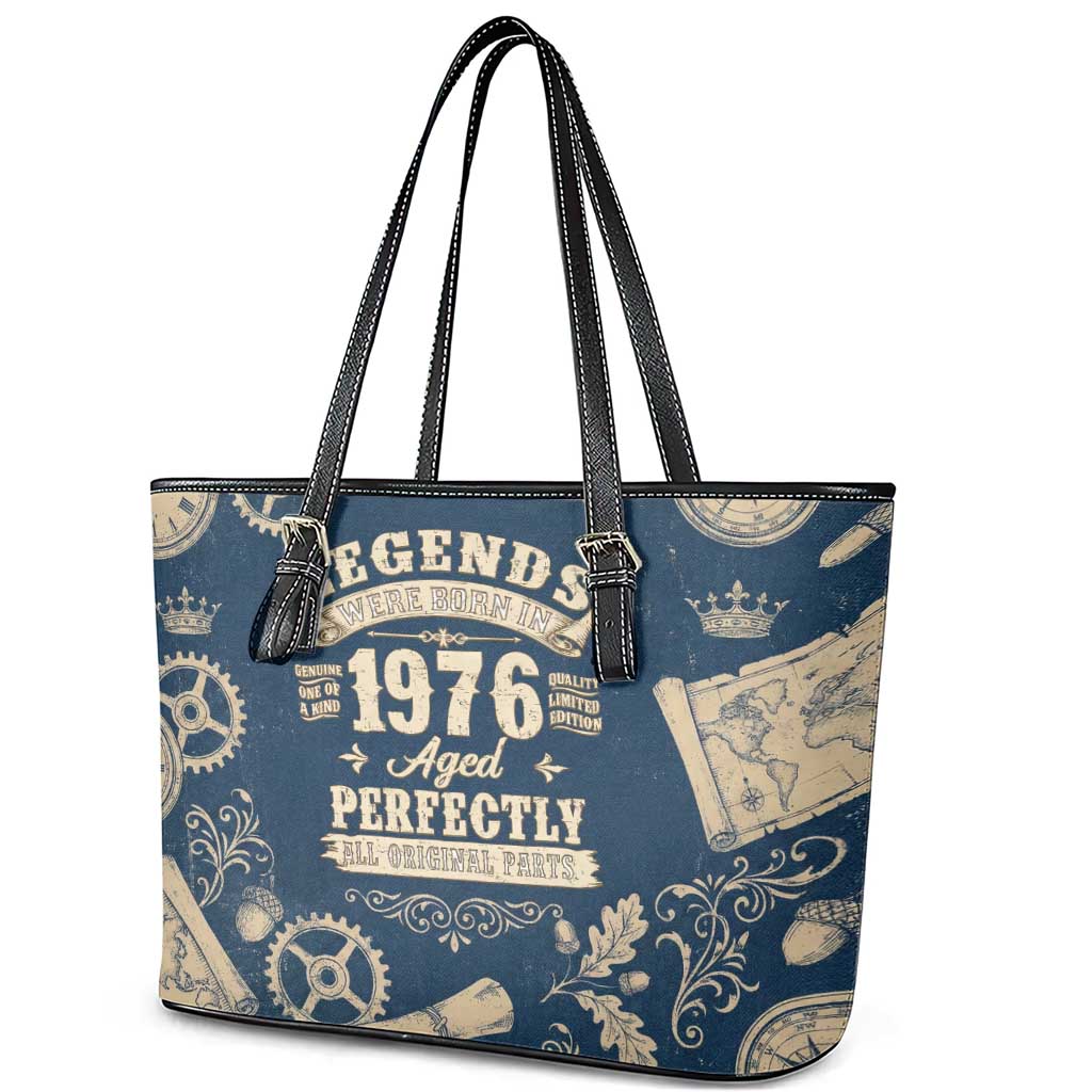 Legend 1976 Vintage Gears and Scrolls Design Leather Tote Bag with Crown Motif in Classic Blue and Beige Retro