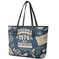 Legend 1976 Vintage Gears and Scrolls Design Leather Tote Bag with Crown Motif in Classic Blue and Beige Retro
