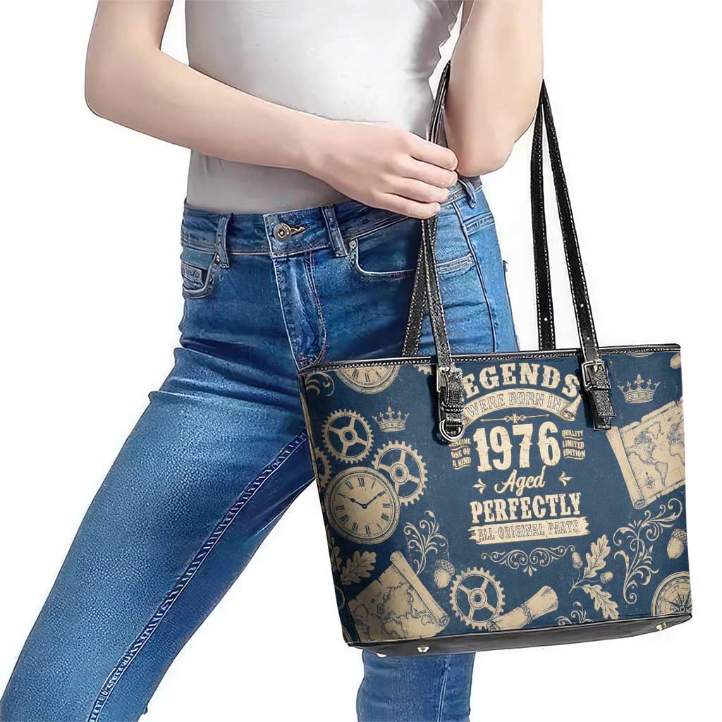 Legend 1976 Vintage Gears and Scrolls Design Leather Tote Bag with Crown Motif in Classic Blue and Beige Retro