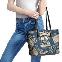 Legend 1976 Vintage Gears and Scrolls Design Leather Tote Bag with Crown Motif in Classic Blue and Beige Retro