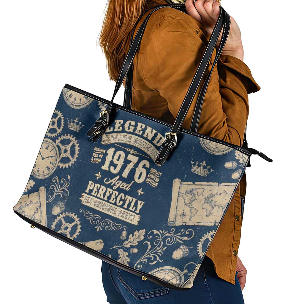 Legend 1976 Vintage Gears and Scrolls Design Leather Tote Bag with Crown Motif in Classic Blue and Beige Retro