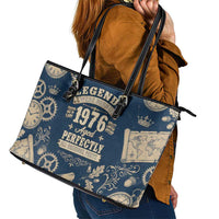 Legend 1976 Vintage Gears and Scrolls Design Leather Tote Bag with Crown Motif in Classic Blue and Beige Retro