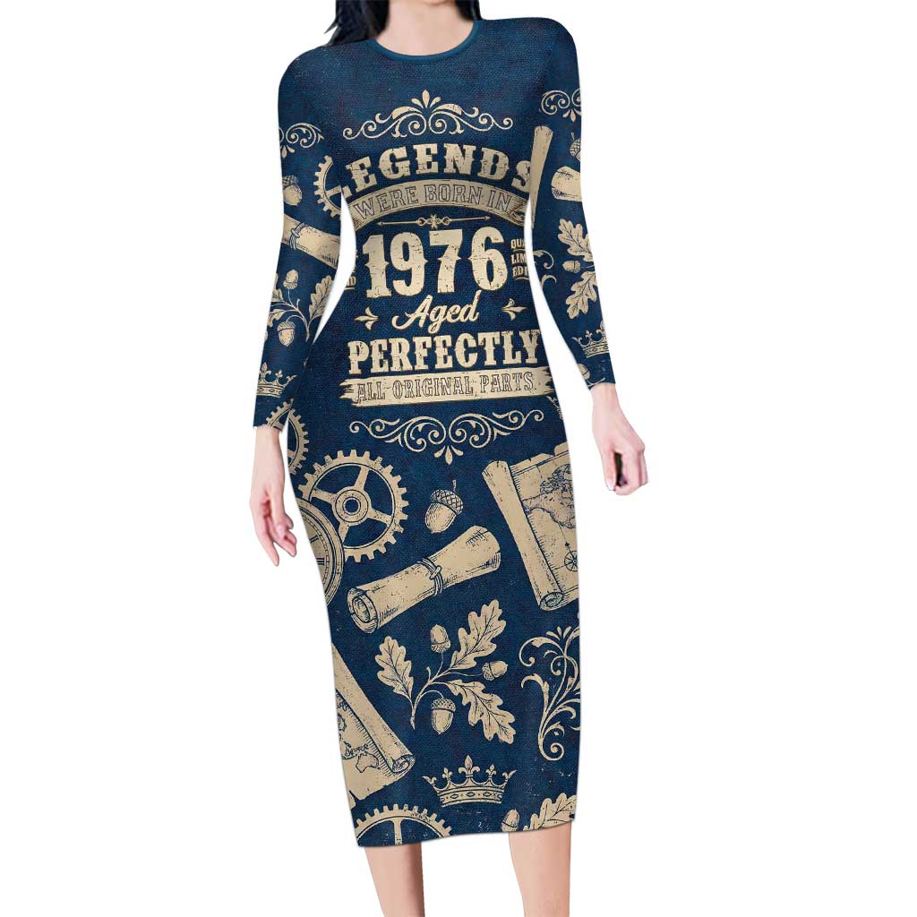 Legend 1976 Vintage Gears and Scrolls Design Long Sleeve Bodycon Dress with Crown Motif in Classic Blue and Beige Retro
