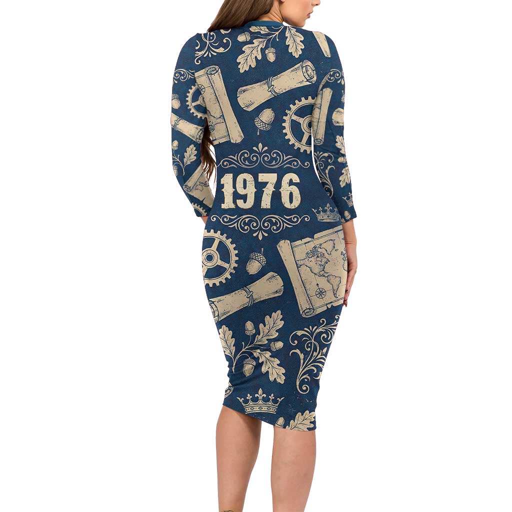 Legend 1976 Vintage Gears and Scrolls Design Long Sleeve Bodycon Dress with Crown Motif in Classic Blue and Beige Retro