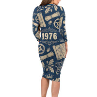 Legend 1976 Vintage Gears and Scrolls Design Long Sleeve Bodycon Dress with Crown Motif in Classic Blue and Beige Retro