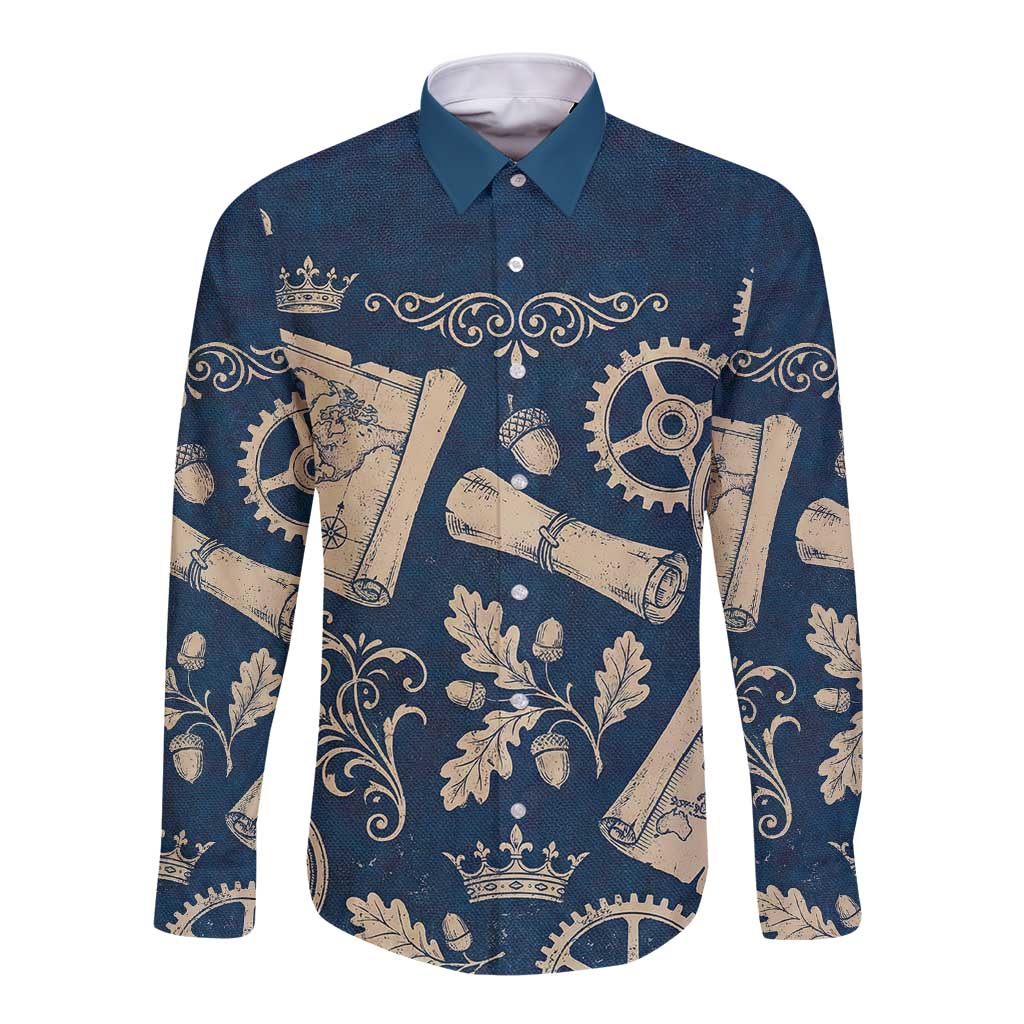 Legend 1976 Vintage Gears and Scrolls Design Long Sleeve Button Shirt with Crown Motif in Classic Blue and Beige Retro