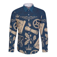 Legend 1976 Vintage Gears and Scrolls Design Long Sleeve Button Shirt with Crown Motif in Classic Blue and Beige Retro