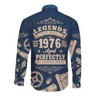 Legend 1976 Vintage Gears and Scrolls Design Long Sleeve Button Shirt with Crown Motif in Classic Blue and Beige Retro
