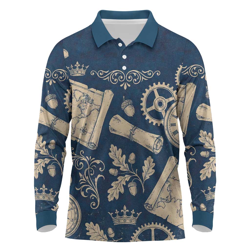 Legend 1976 Vintage Gears and Scrolls Design Long Sleeve Polo Shirt with Crown Motif in Classic Blue and Beige Retro