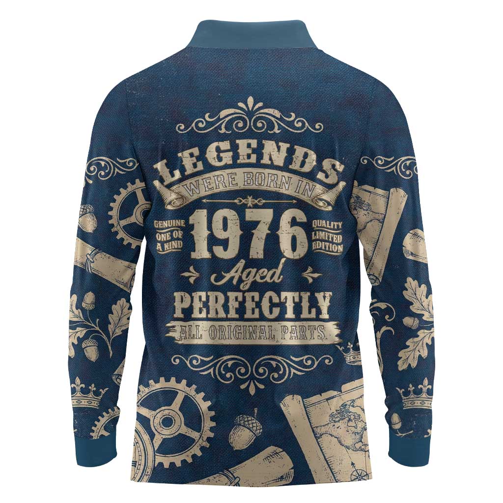 Legend 1976 Vintage Gears and Scrolls Design Long Sleeve Polo Shirt with Crown Motif in Classic Blue and Beige Retro