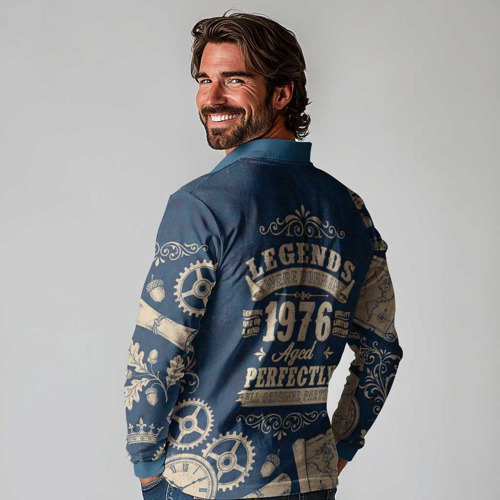 Legend 1976 Vintage Gears and Scrolls Design Long Sleeve Polo Shirt with Crown Motif in Classic Blue and Beige Retro