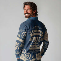Legend 1976 Vintage Gears and Scrolls Design Long Sleeve Polo Shirt with Crown Motif in Classic Blue and Beige Retro