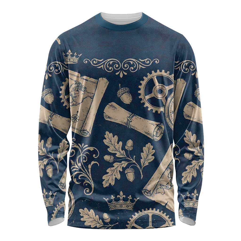 Legend 1976 Vintage Gears and Scrolls Design Long Sleeve Shirt with Crown Motif in Classic Blue and Beige Retro
