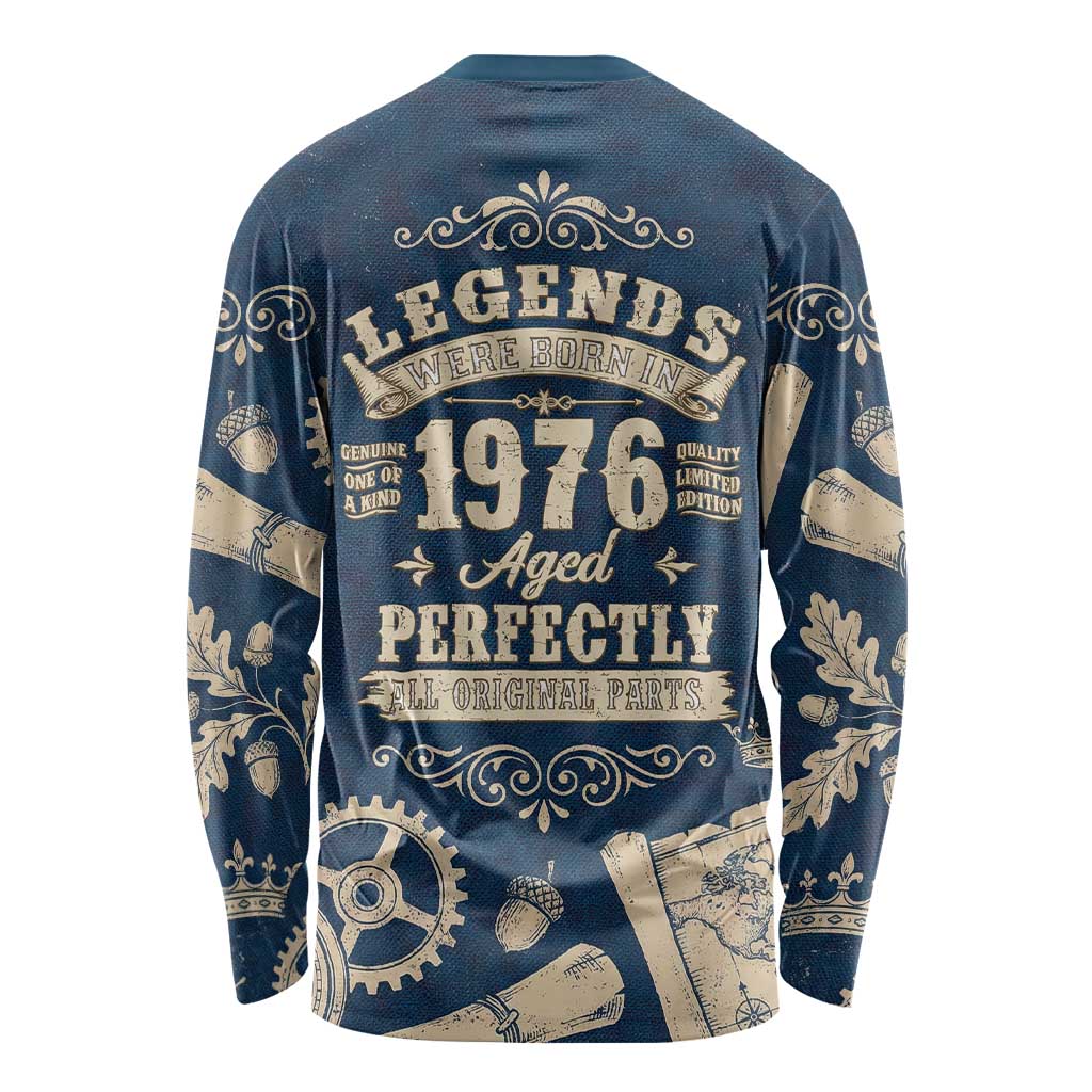 Legend 1976 Vintage Gears and Scrolls Design Long Sleeve Shirt with Crown Motif in Classic Blue and Beige Retro
