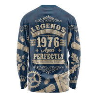 Legend 1976 Vintage Gears and Scrolls Design Long Sleeve Shirt with Crown Motif in Classic Blue and Beige Retro