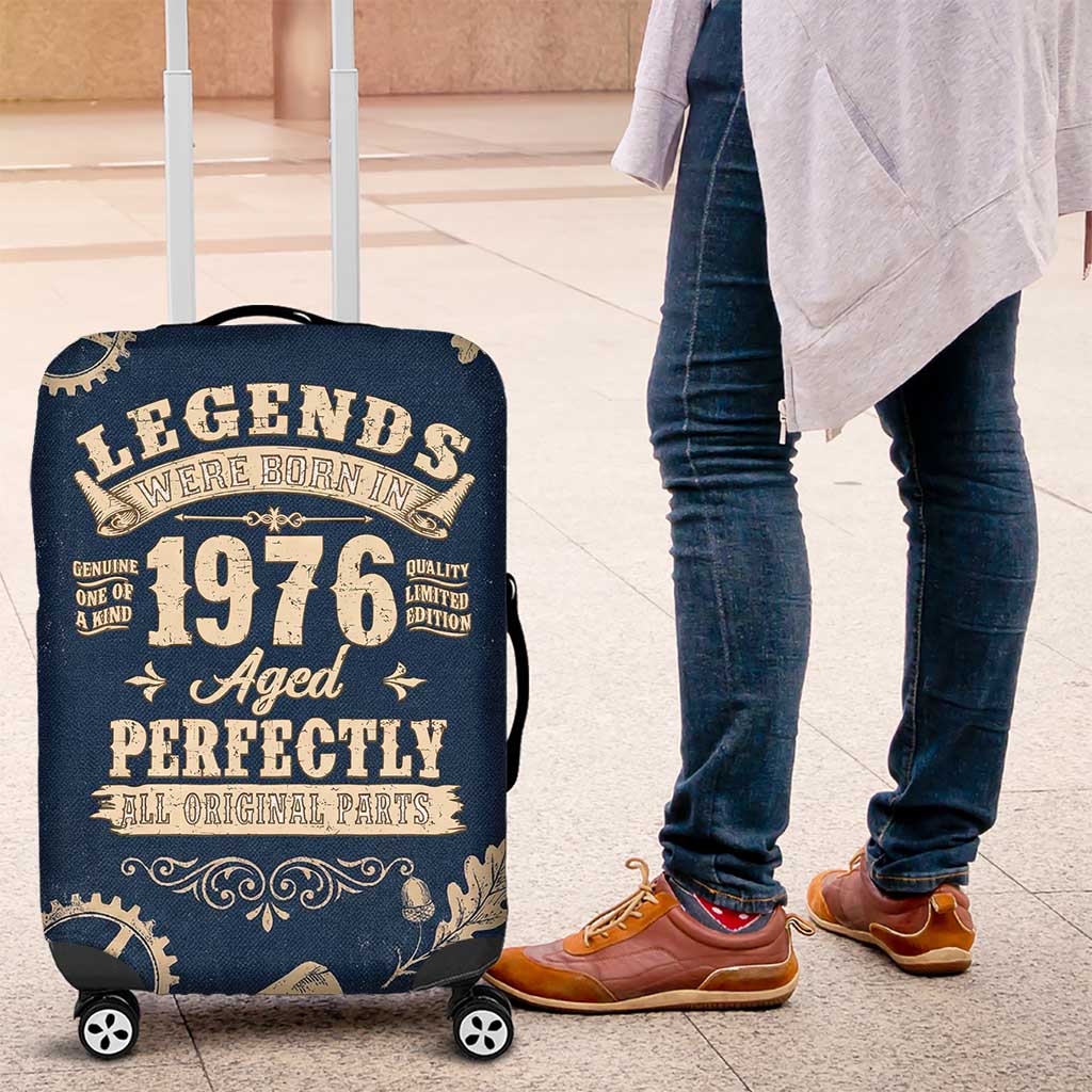 Legend 1976 Vintage Gears and Scrolls Design Luggage Cover with Crown Motif in Classic Blue and Beige Retro