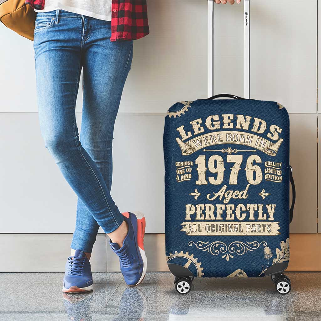 Legend 1976 Vintage Gears and Scrolls Design Luggage Cover with Crown Motif in Classic Blue and Beige Retro