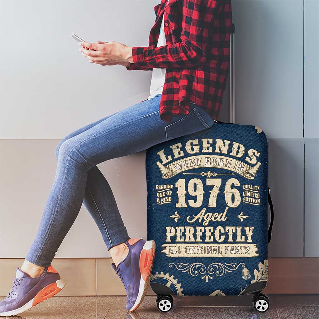 Legend 1976 Vintage Gears and Scrolls Design Luggage Cover with Crown Motif in Classic Blue and Beige Retro