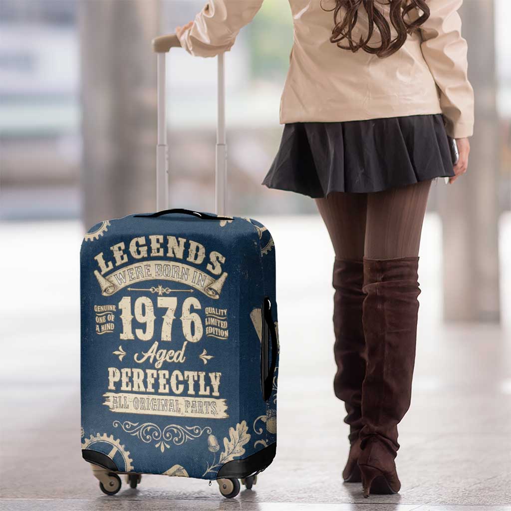 Legend 1976 Vintage Gears and Scrolls Design Luggage Cover with Crown Motif in Classic Blue and Beige Retro