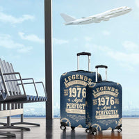 Legend 1976 Vintage Gears and Scrolls Design Luggage Cover with Crown Motif in Classic Blue and Beige Retro