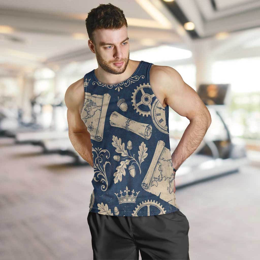 Legend 1976 Vintage Gears and Scrolls Design Men Tank Top with Crown Motif in Classic Blue and Beige Retro