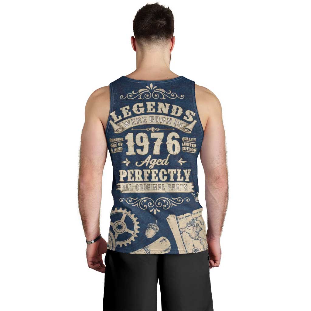 Legend 1976 Vintage Gears and Scrolls Design Men Tank Top with Crown Motif in Classic Blue and Beige Retro