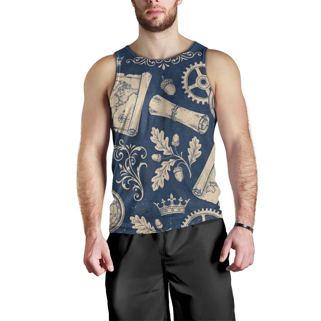 Legend 1976 Vintage Gears and Scrolls Design Men Tank Top with Crown Motif in Classic Blue and Beige Retro