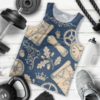Legend 1976 Vintage Gears and Scrolls Design Men Tank Top with Crown Motif in Classic Blue and Beige Retro